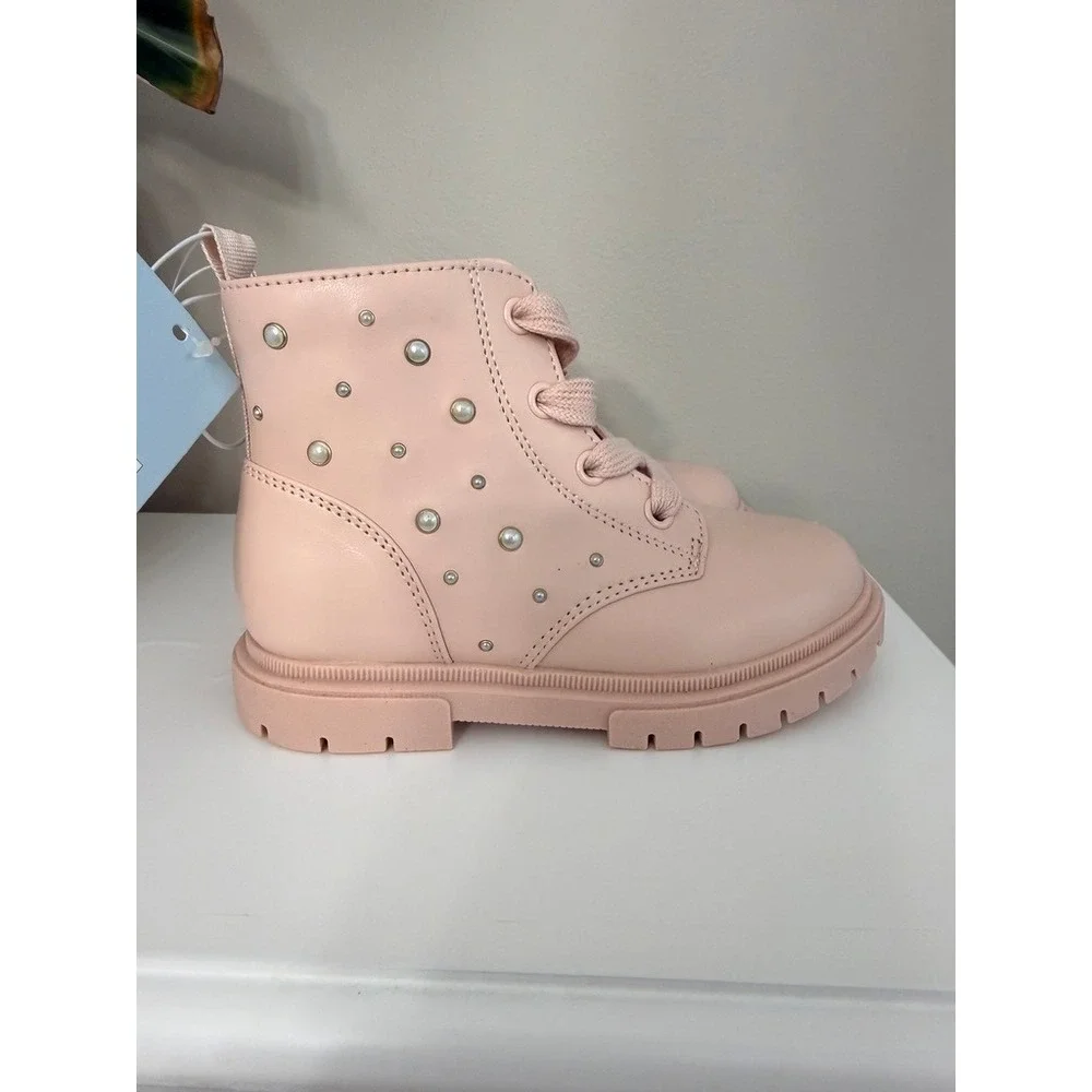 Cat & Jack Combat Boots Girls 9 Pink Pearl Studded Zipper NWT